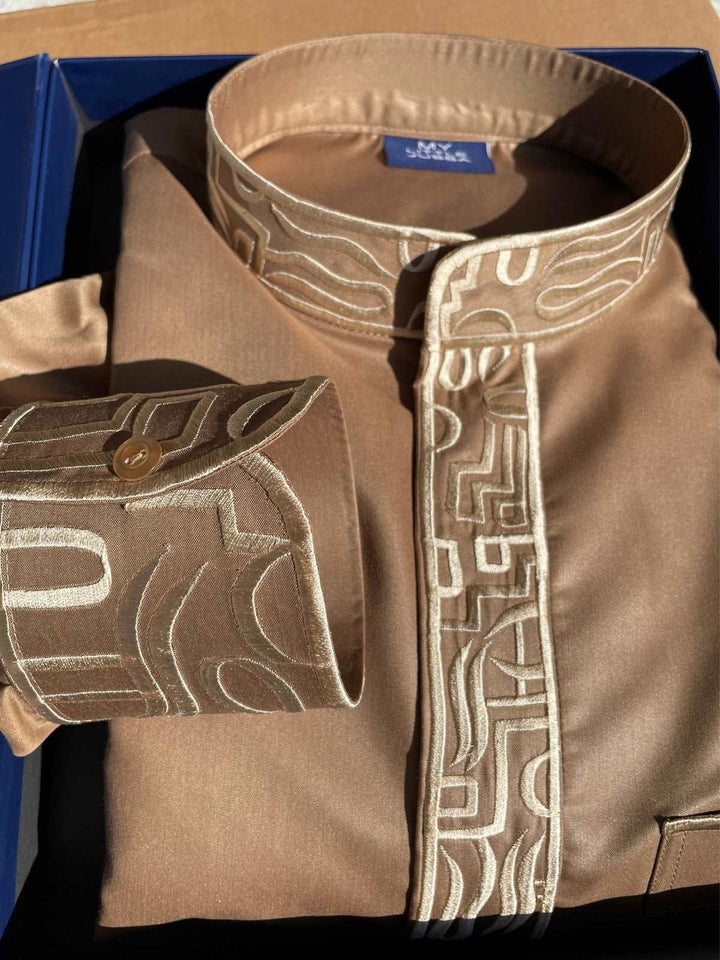 Mens Golden Sand Kuwaiti Thobe with Gold Embroidery