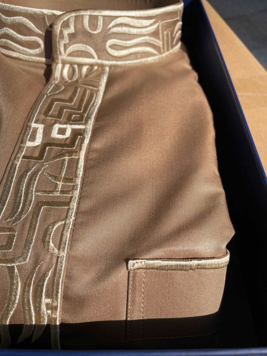 Mens Golden Sand Kuwaiti Thobe with Gold Embroidery