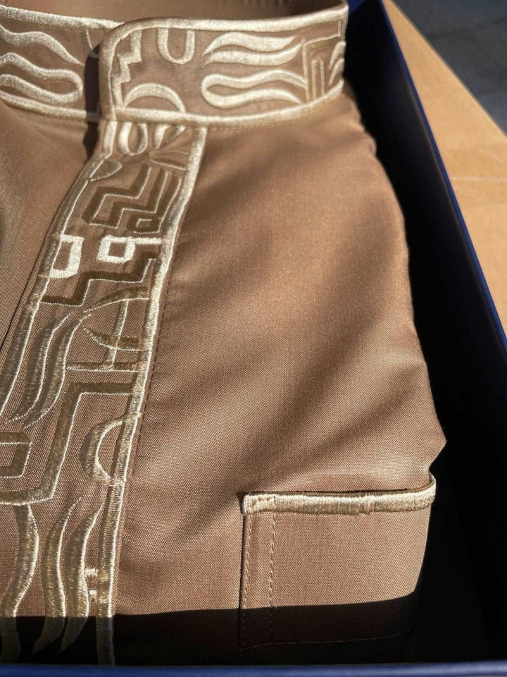 Mens Golden Sand Kuwaiti Thobe with Gold Embroidery