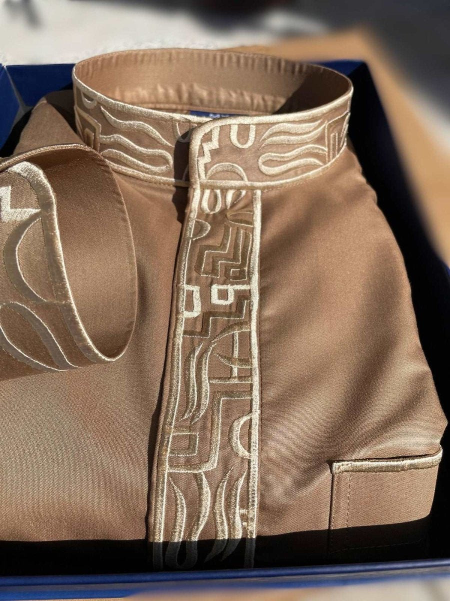 Mens Golden Sand Kuwaiti Thobe with Gold Embroidery
