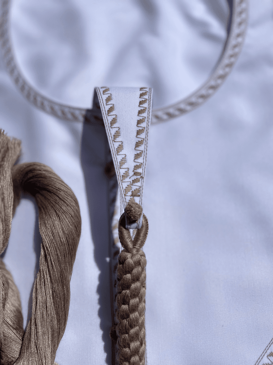 Mens Two Toned White Emirati Thobe with Caramel Embroidery