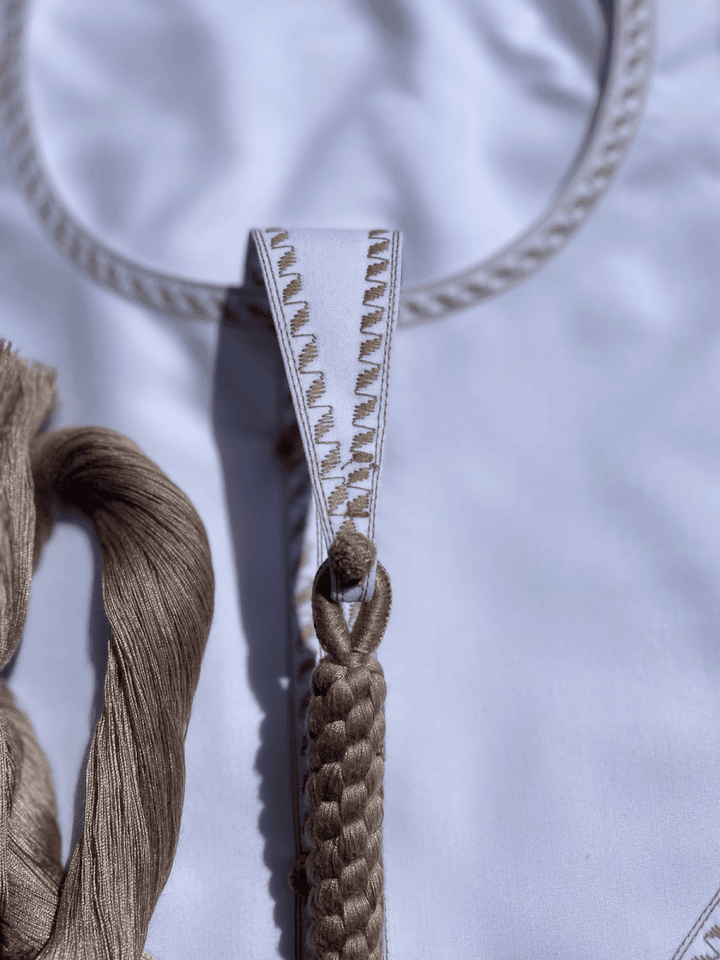 Mens Two Toned White Emirati Thobe with Caramel Embroidery