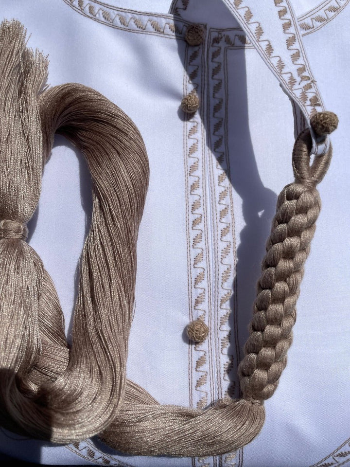 Mens Two Toned White Emirati Thobe with Caramel Embroidery