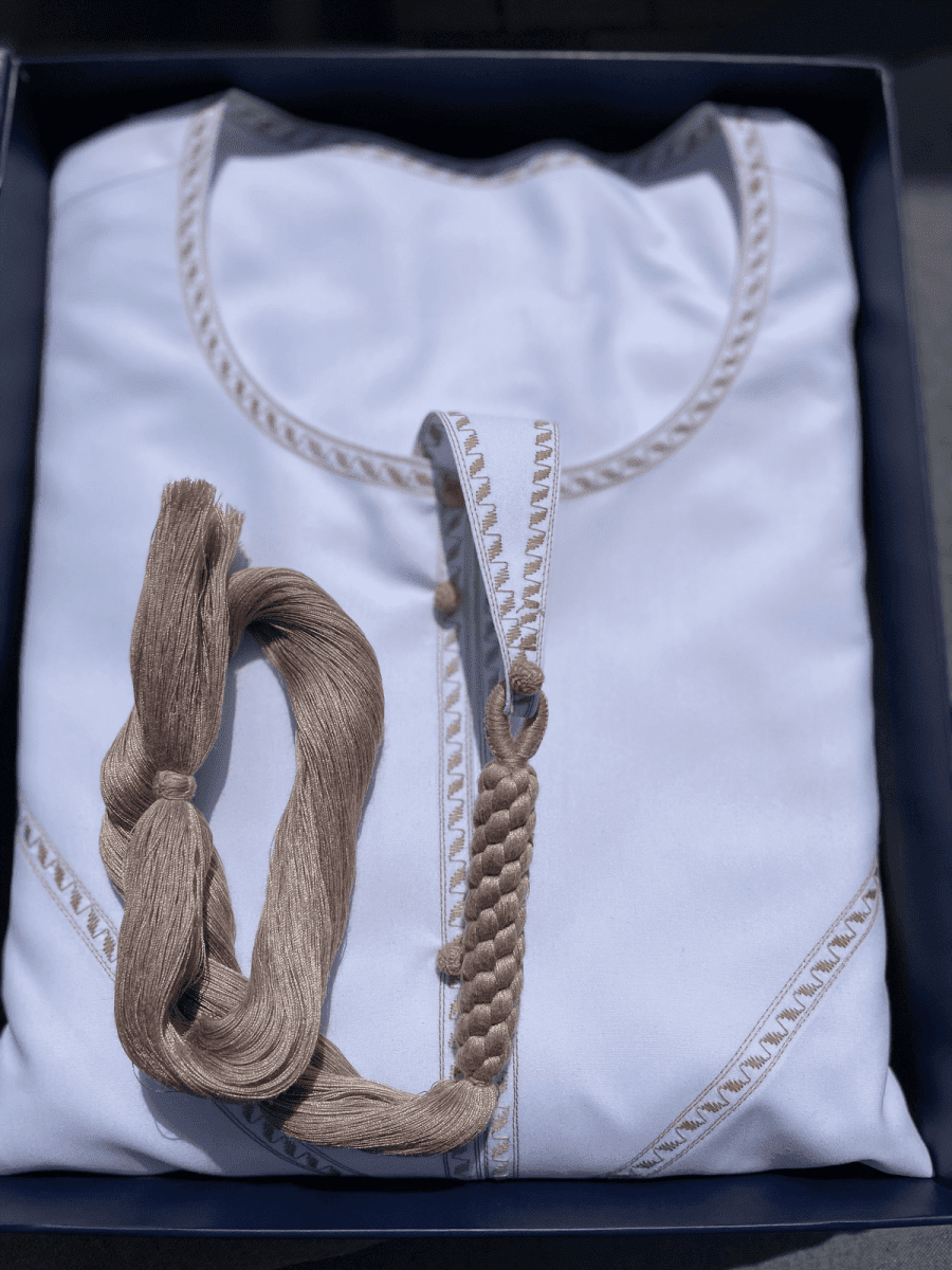 Mens Two Toned White Emirati Thobe with Caramel Embroidery