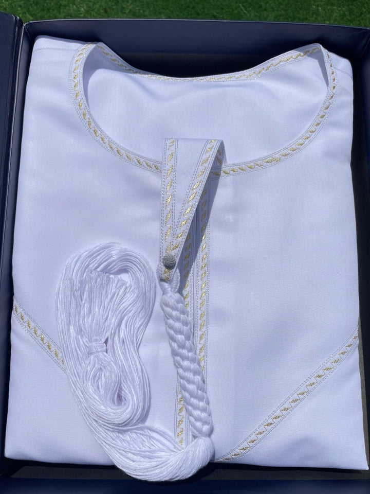 Mens White Emirati Two Tone Thobe with Gold and Silver Embroidery