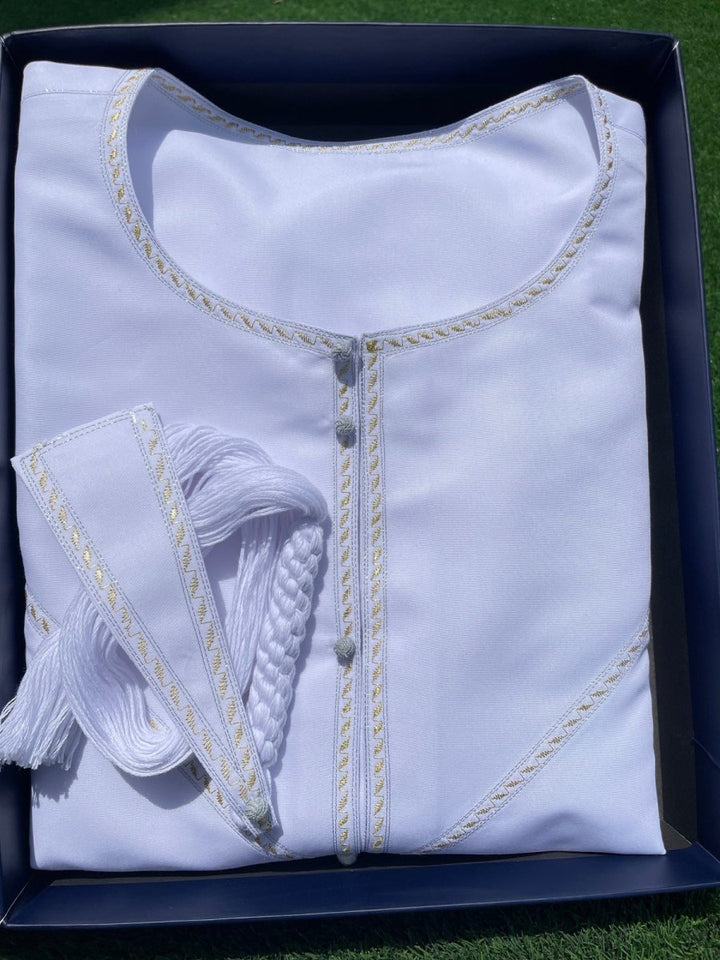 Mens White Emirati Two Tone Thobe with Gold and Silver Embroidery