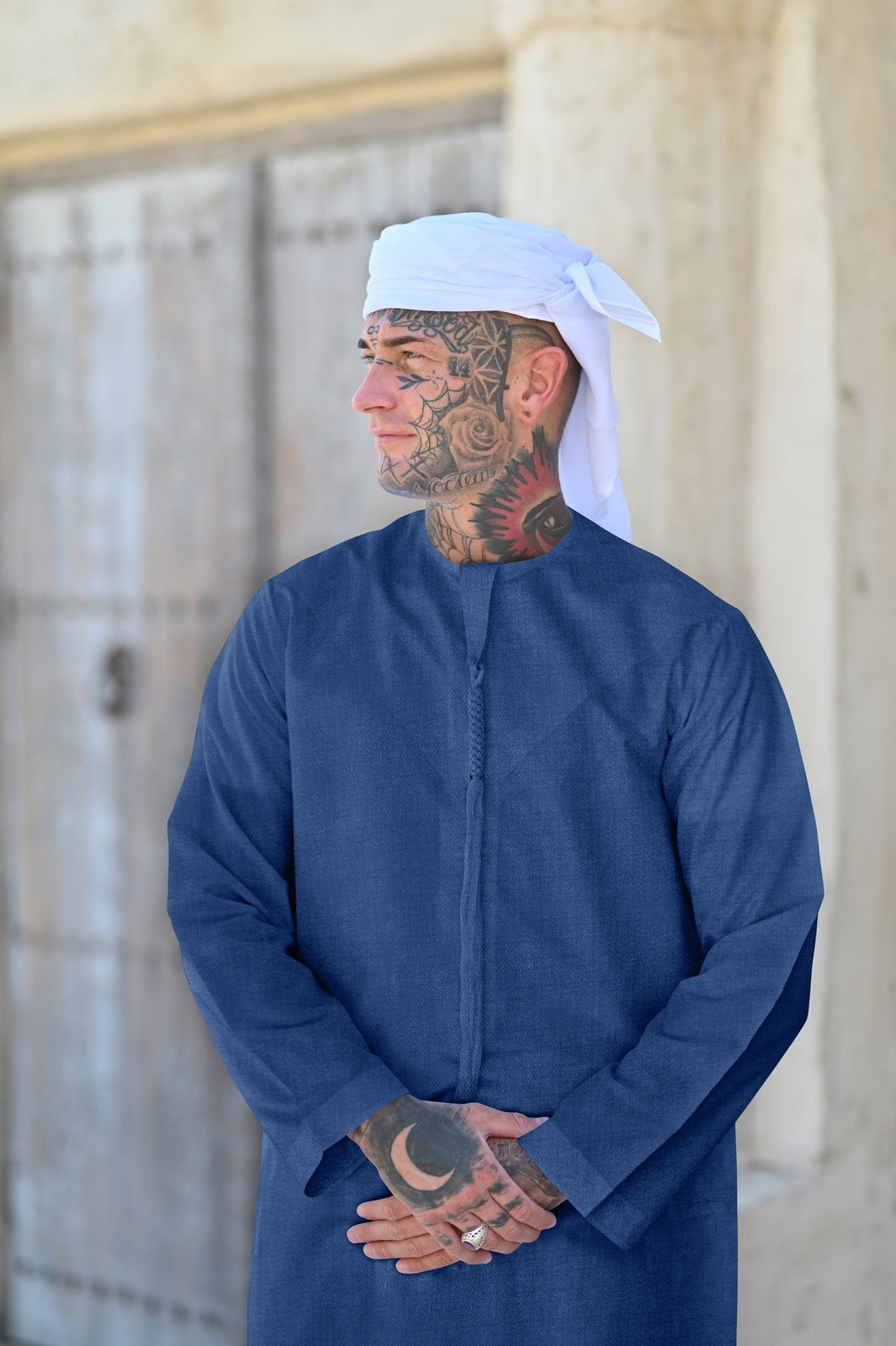 Mens Ocean Blue Cashmere Wool Emirati Thobe-SLIM-2024-06-17