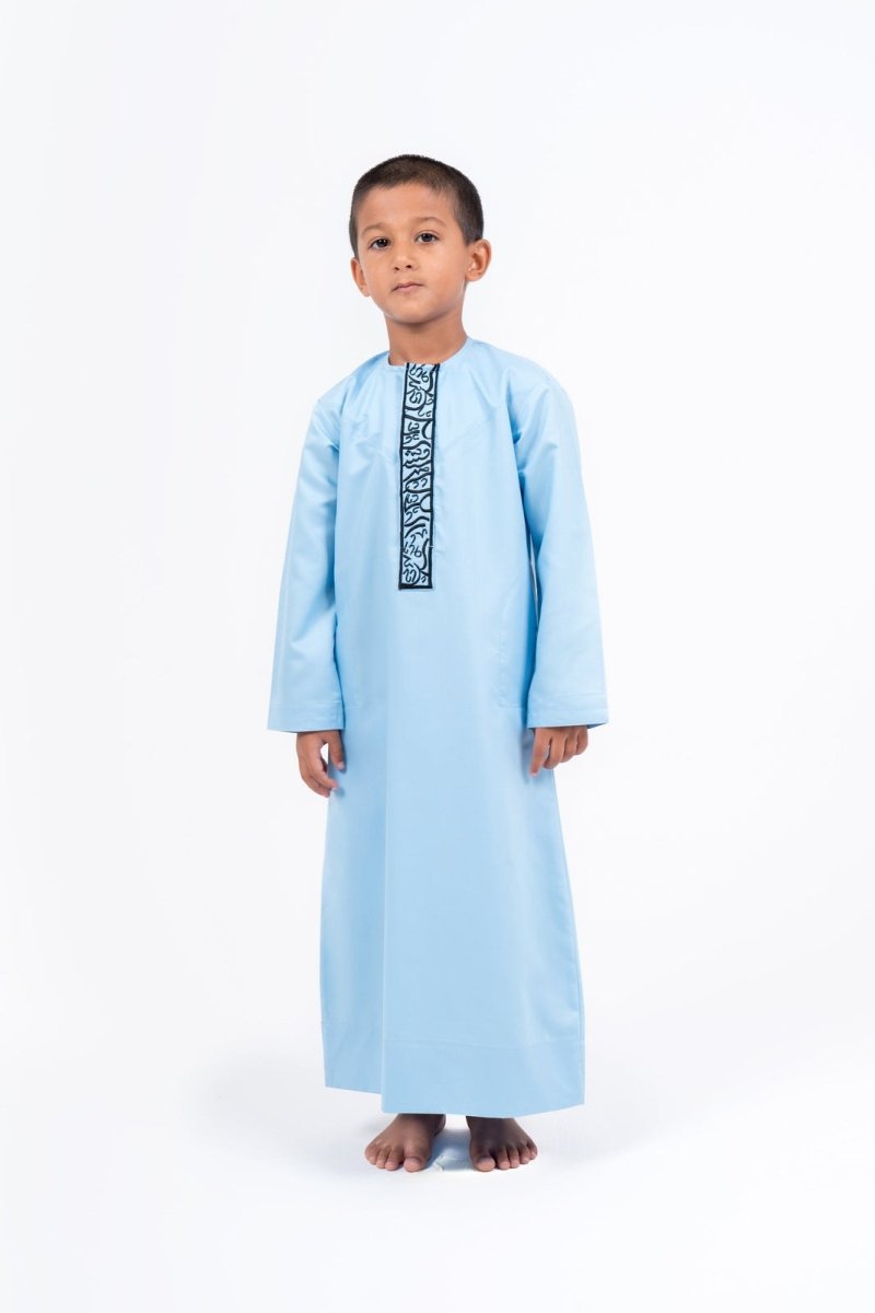 Kids Icy Blue Emirati Thobe with Gold Calligraphy Jubba Thobes