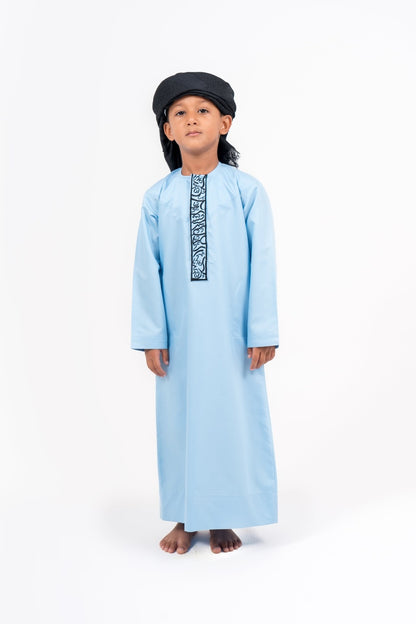 Kids Icy Blue Emirati Thobe with Gold Calligraphy Jubba Thobes