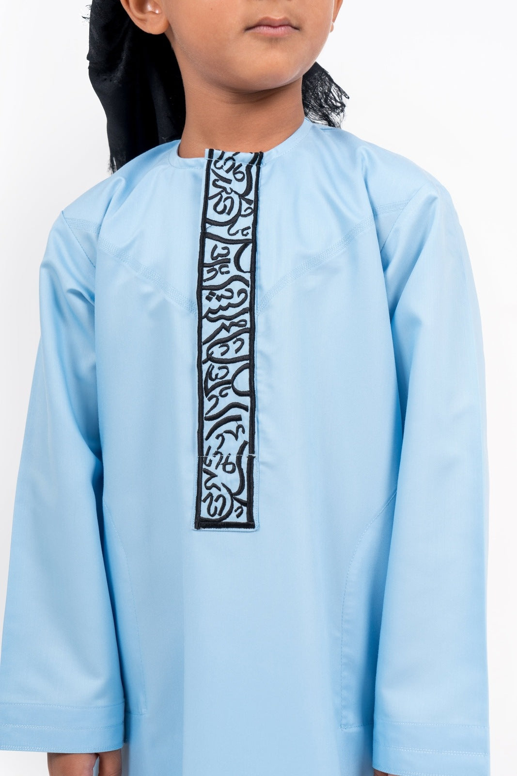 Kids Icy Blue Emirati Thobe with Gold Calligraphy Jubba Thobes
