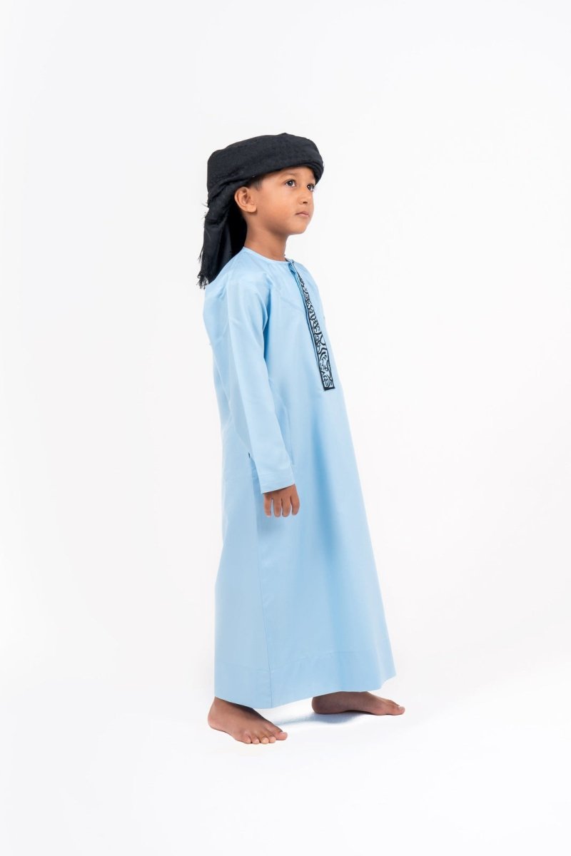 Kids Icy Blue Emirati Thobe with Gold Calligraphy Jubba Thobes