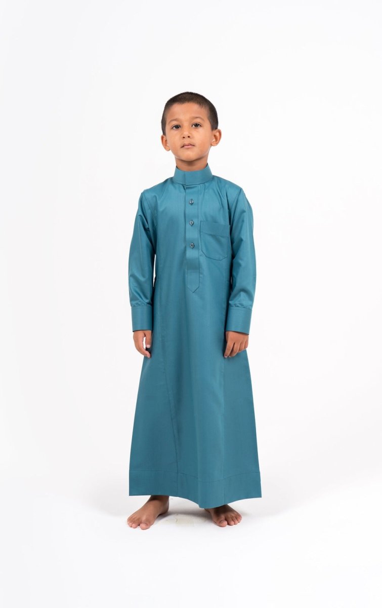 Kids Turquoise Saudi Hijazi Close Collar Jubba Thobes