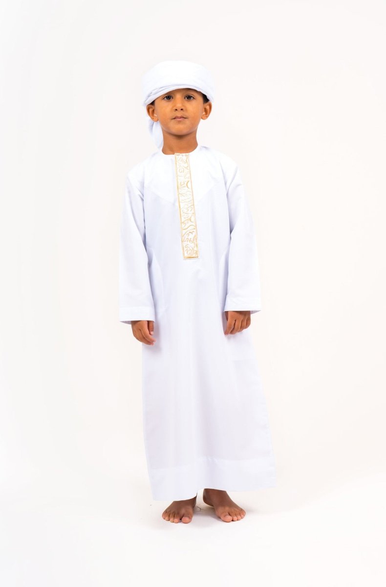 Kids White Emirati Thobe with Gold Calligraphy Jubba Thobes