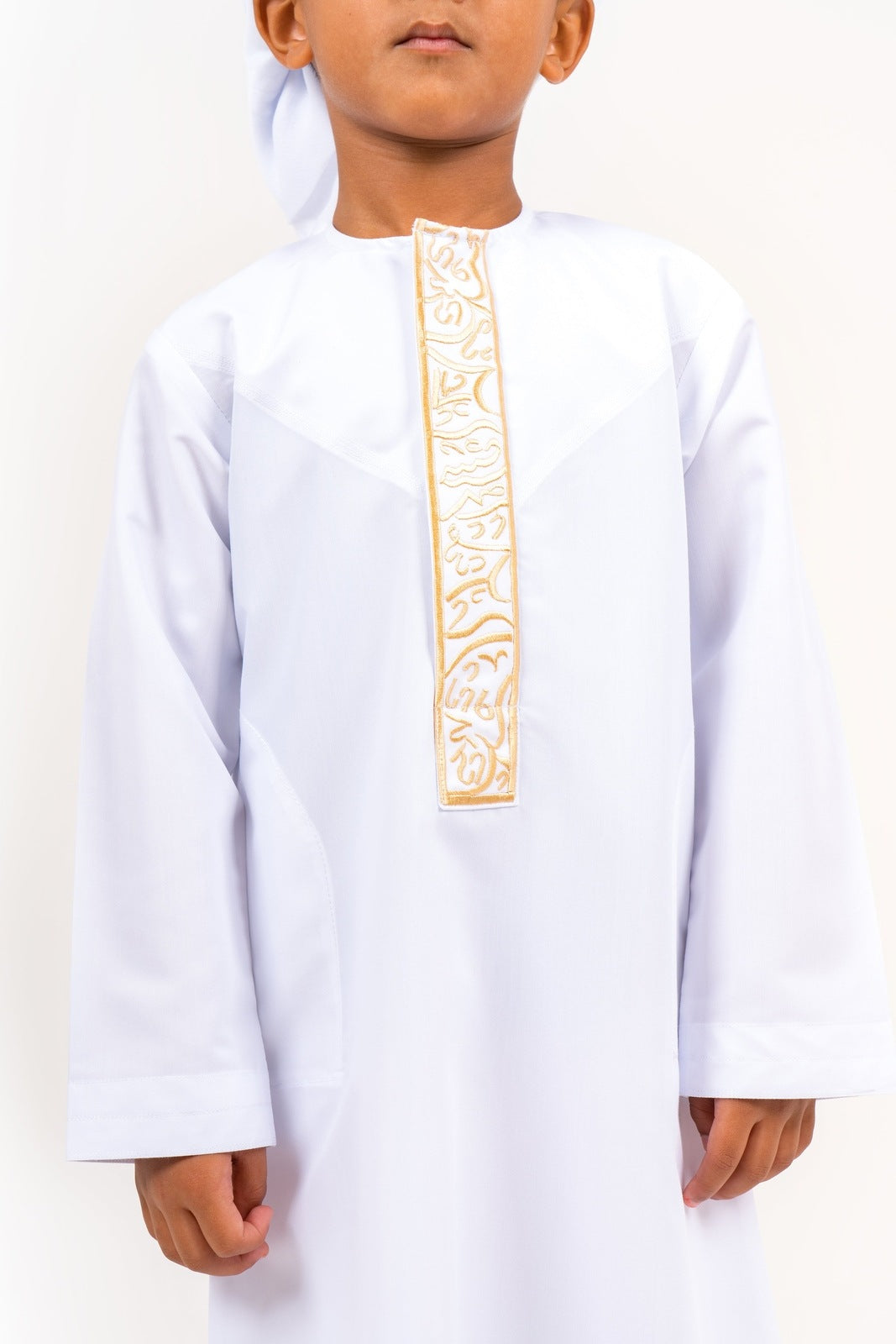 Kids White Emirati Thobe with Gold Calligraphy Jubba Thobes