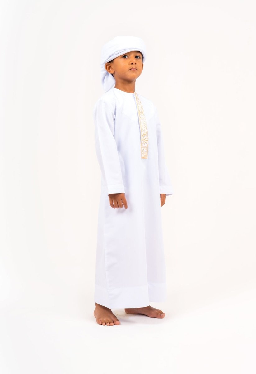 Kids White Emirati Thobe with Gold Calligraphy Jubba Thobes