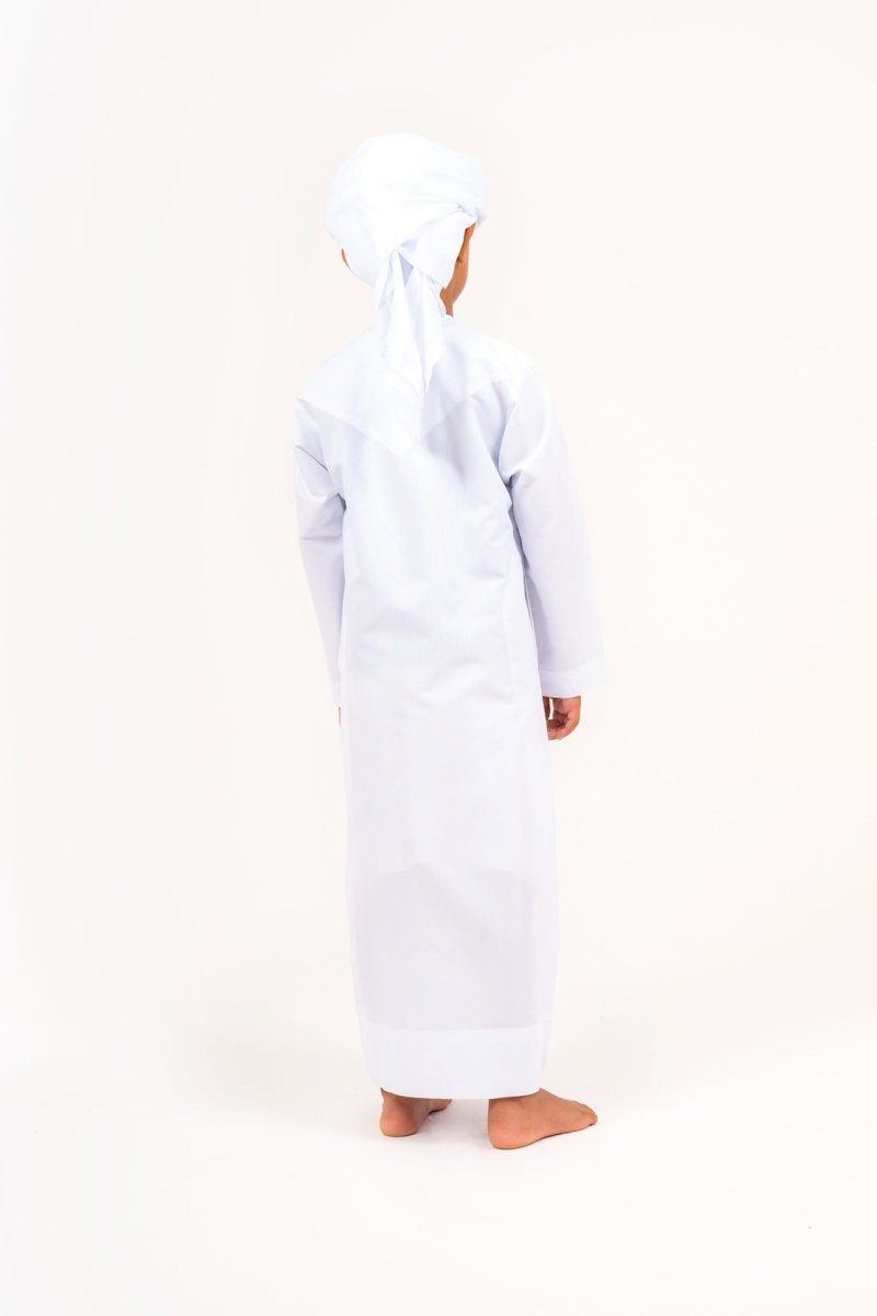 Kids White Emirati Thobe with Gold Calligraphy Jubba Thobes