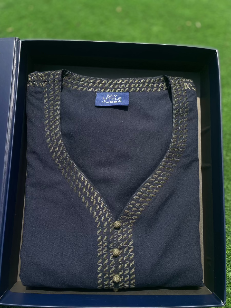 Mens Navy with Olive Embroidery Maghribi 3/4 Sleeve Thobe