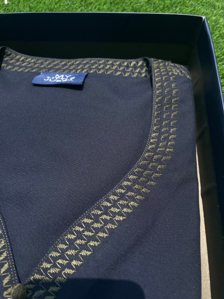 Mens Navy with Olive Embroidery Maghribi 3/4 Sleeve Thobe