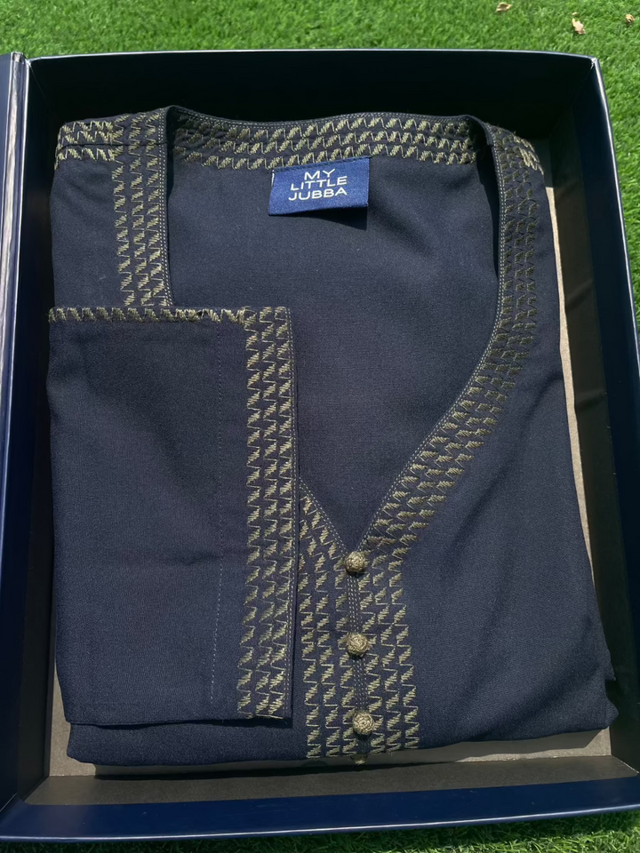 Mens Navy with Olive Embroidery Maghribi 3/4 Sleeve Thobe