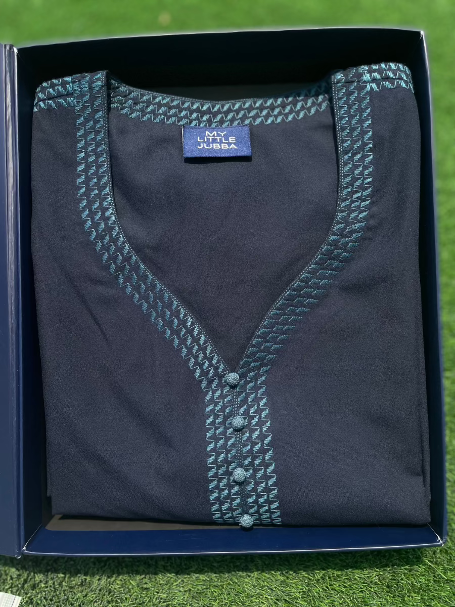 Mens Navy with Teal Embroidery Maghribi 3/4 Sleeve Thobe