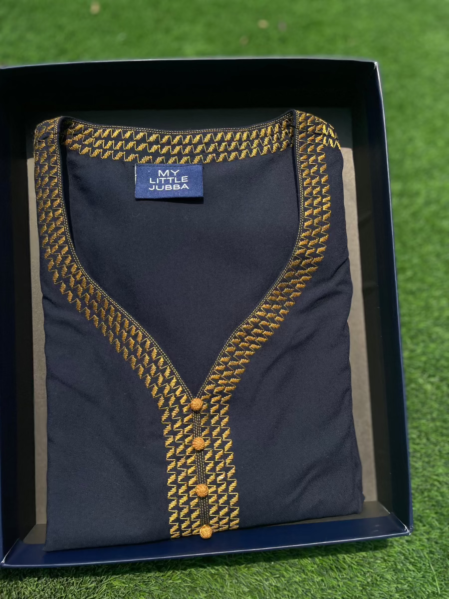 Mens Navy with Mustard Embroidery Maghribi 3/4 Sleeve Thobe