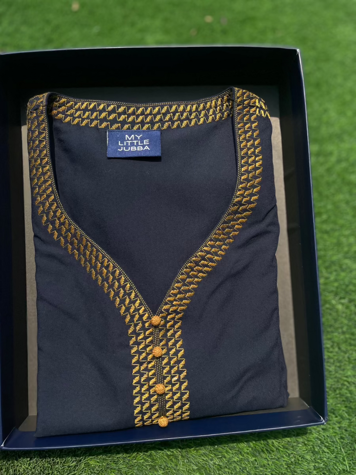 Mens Navy with Mustard Embroidery Maghribi 3/4 Sleeve Thobe