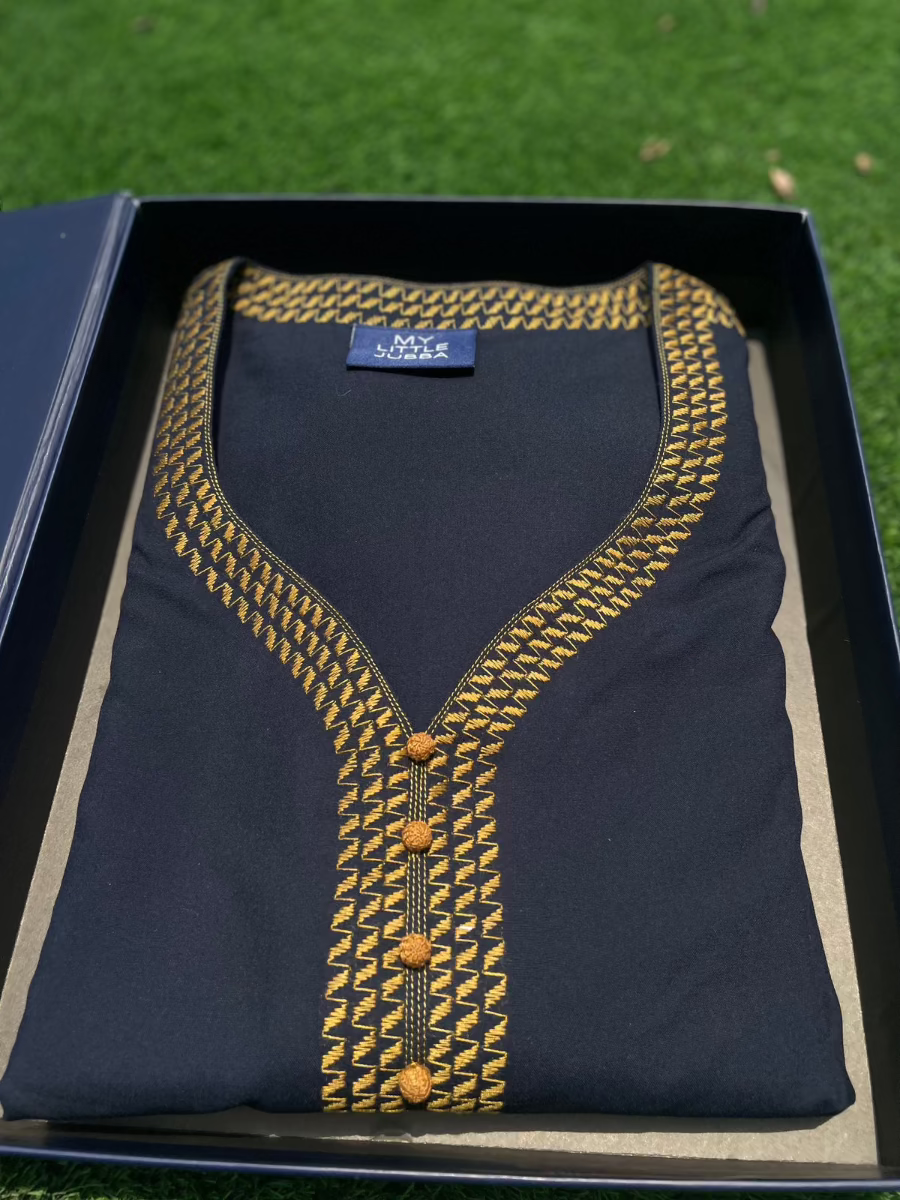 Mens Navy with Mustard Embroidery Maghribi 3/4 Sleeve Thobe