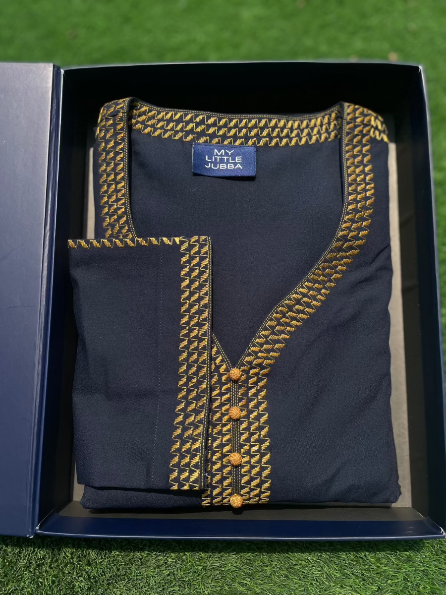 Mens Navy with Mustard Embroidery Maghribi 3/4 Sleeve Thobe