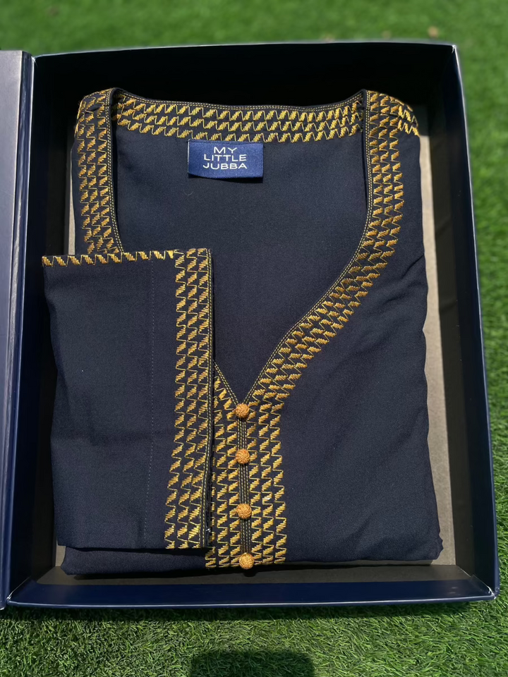 Mens Navy with Mustard Embroidery Maghribi 3/4 Sleeve Thobe
