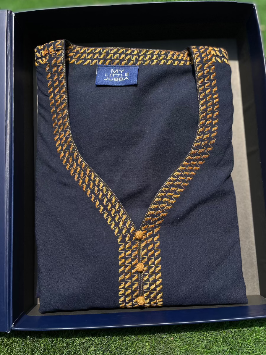 Mens Navy with Orange Embroidery Maghribi 3/4 Sleeve Thobe