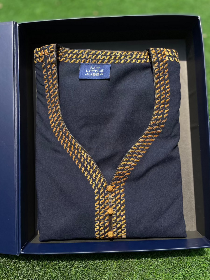 Mens Navy with Orange Embroidery Maghribi 3/4 Sleeve Thobe