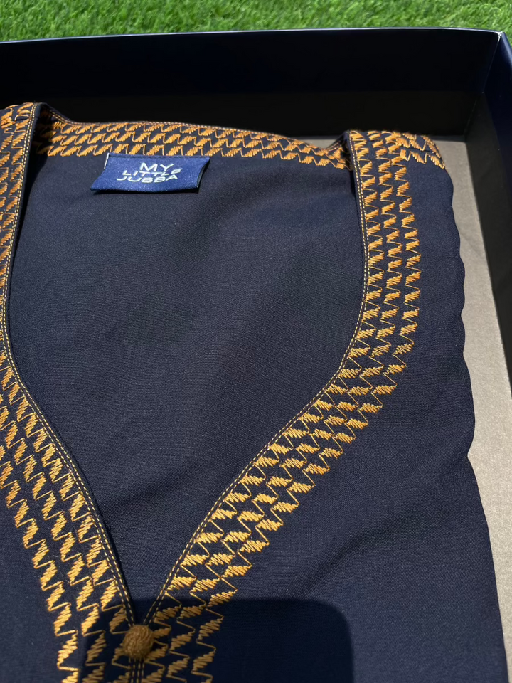 Mens Navy with Orange Embroidery Maghribi 3/4 Sleeve Thobe