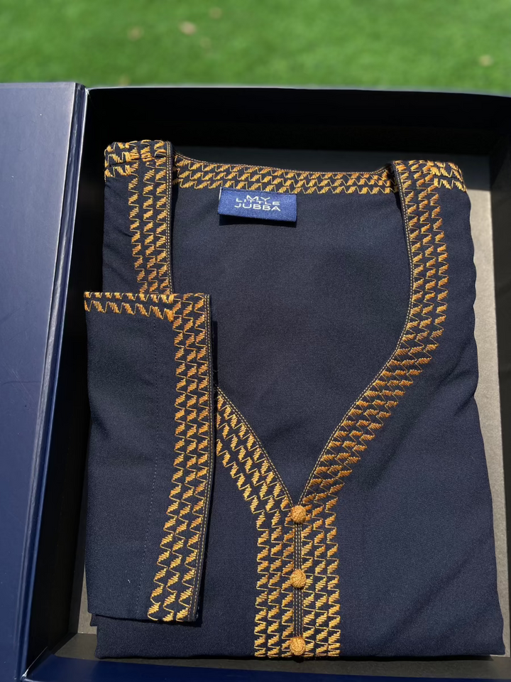 Mens Navy with Orange Embroidery Maghribi 3/4 Sleeve Thobe
