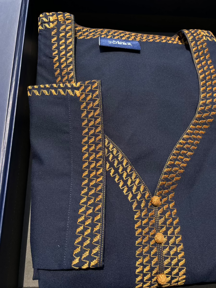 Mens Navy with Orange Embroidery Maghribi 3/4 Sleeve Thobe