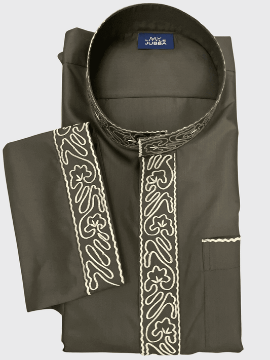 Mens Army Green Kuwaiti Thobe with Gold Embroidery