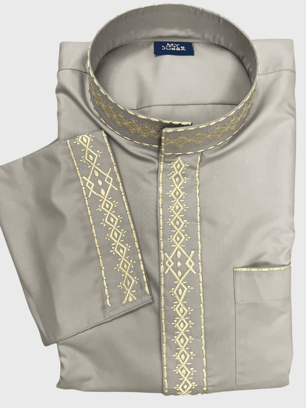 Mens Light Grey Kuwaiti Thobe with Gold Embroidery