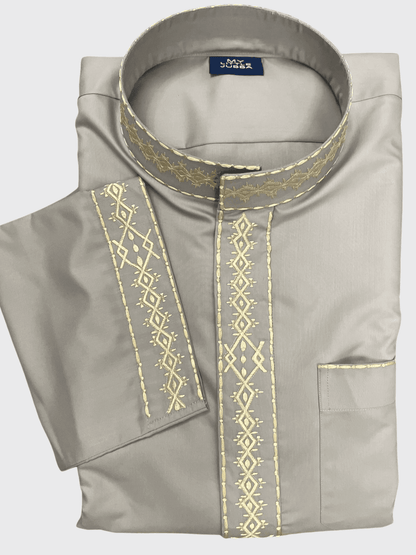 Mens Light Grey Kuwaiti Thobe with Gold Embroidery