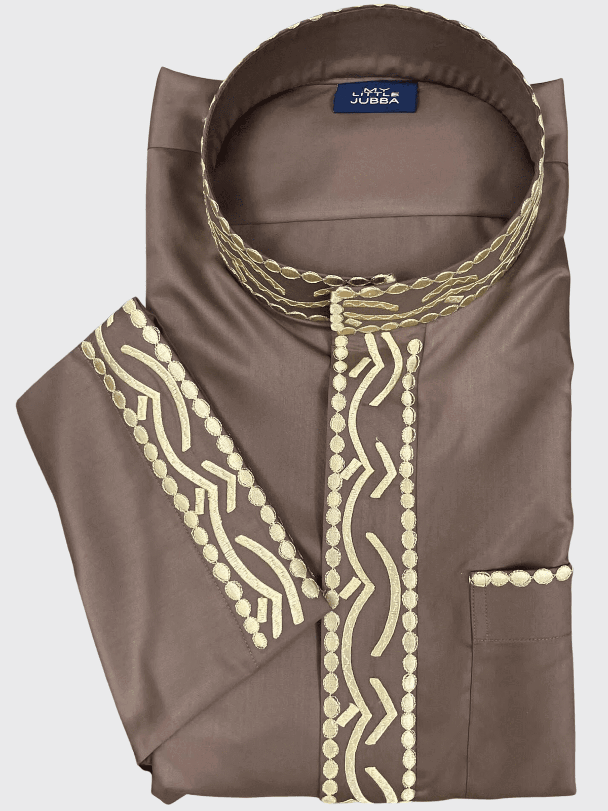 Mens Taupe Kuwaiti Thobe with Gold Embroidery