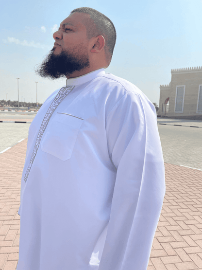 Mens White Bahraini Thobe with Embroidery