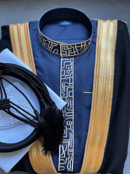 Mens Blue Thobe with Gold Embroidery 5 Pcs Set