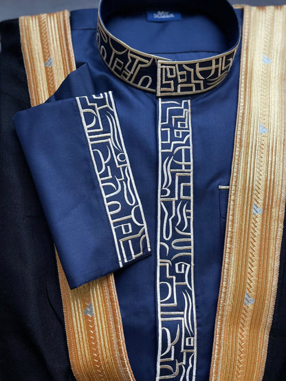 Mens Blue Thobe with Gold Embroidery 5 Pcs Set