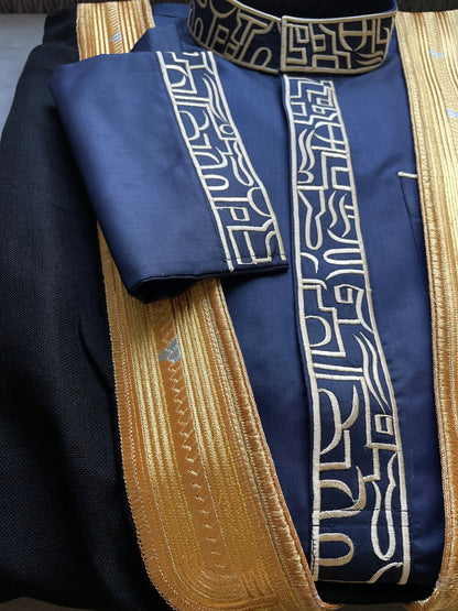 Mens Blue Thobe with Gold Embroidery 5 Pcs Set