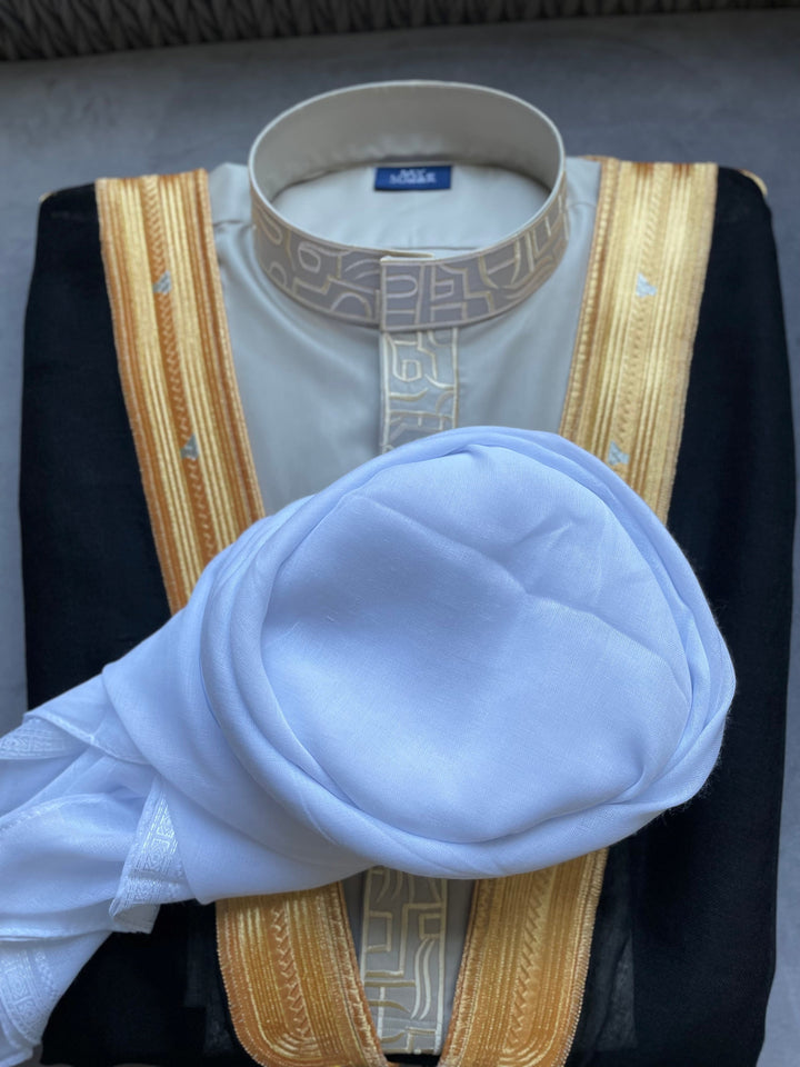 Mens Light Grey Thobe with Gold Embroidery 3 Pcs Set