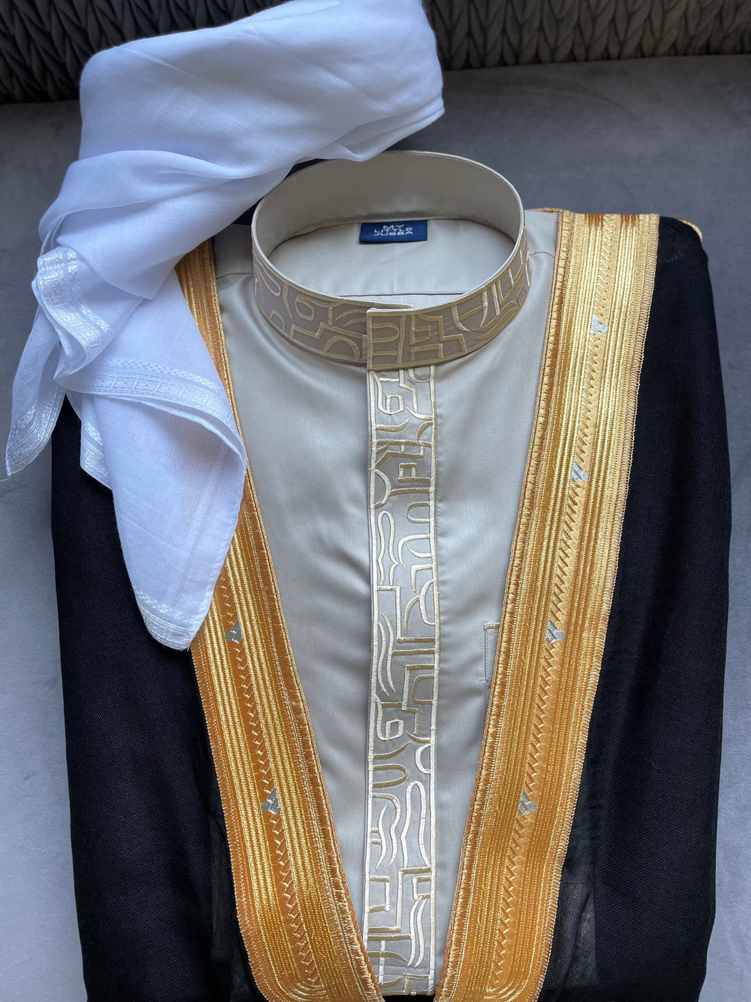 Mens Light Grey Thobe with Gold Embroidery 3 Pcs Set