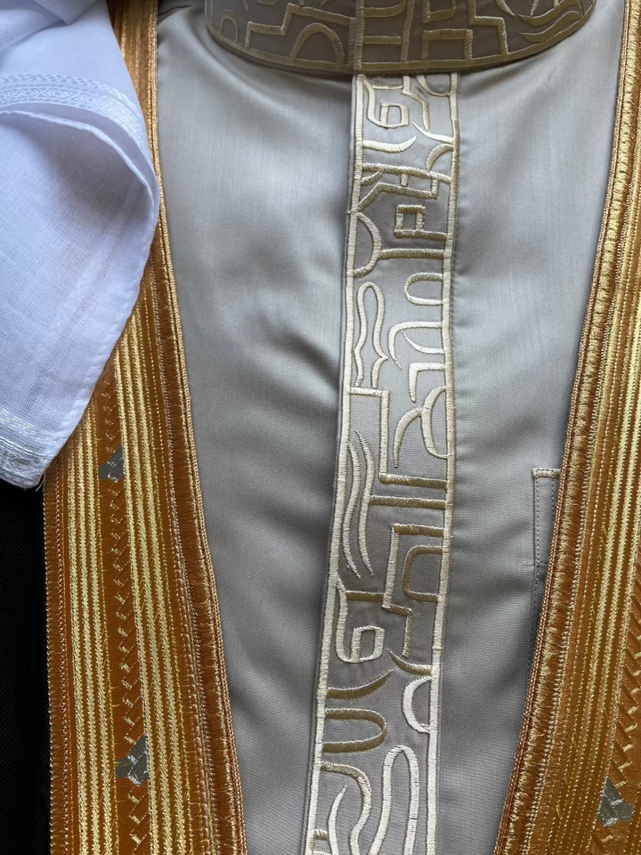 Mens Light Grey Thobe with Gold Embroidery 3 Pcs Set