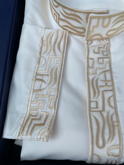 Mens White Saudi Thobe with Gold Embroidery