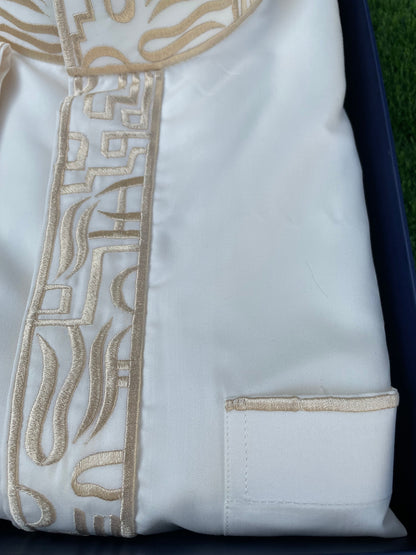 Mens White Saudi Thobe with Gold Embroidery