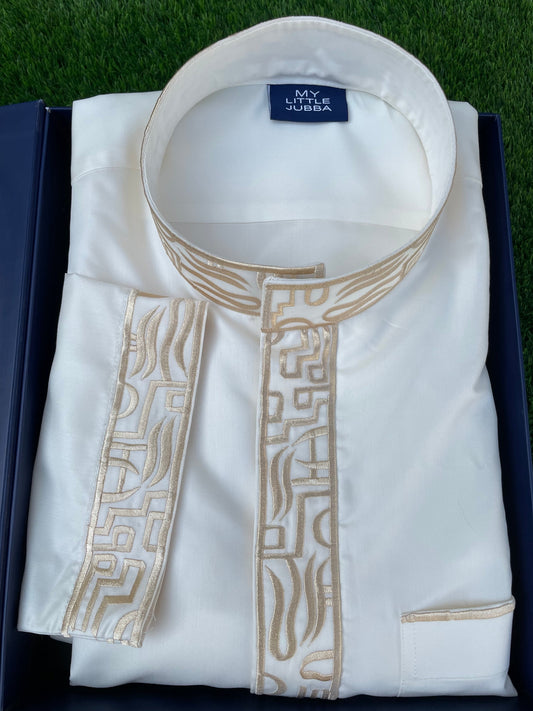 Mens White Saudi Thobe with Gold Embroidery