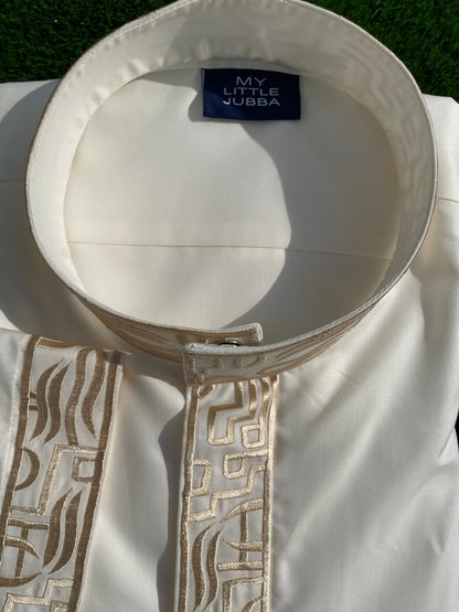 Mens Cream Saudi Thobe with Gold Embroidery