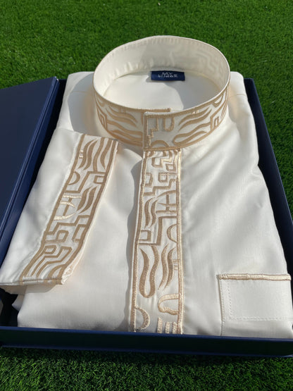 Mens Cream Saudi Thobe with Gold Embroidery